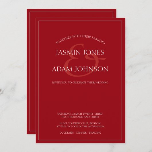 クリムゾンレッドミニマルスクリプト結婚式招待状 シーズンカード (正面/裏面)