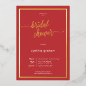 クリムゾンレッドモダンミニマルブライダルシャワー 箔招待状 (正面)