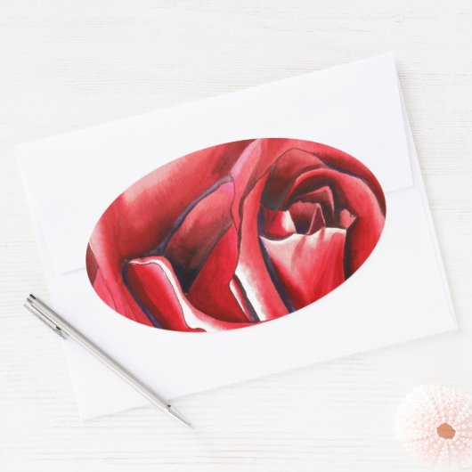 クリムゾンレッドローズオリジナルウォーターカラーアート 楕円形シール (封筒)