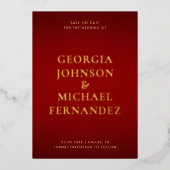 クリムゾンレッド金ゴールドビッグ・ネーム写真モノグラム結婚ズ 箔招待状 (正面)