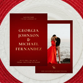 クリムゾンレッド金ゴールドビッグ・ネーム写真モノグラム結婚ズ 箔招待状