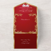 クリムゾンレッド、葉金ゴールド、鳩とハート オールインワン招待状 (外側)