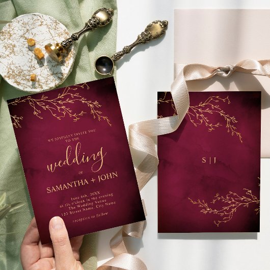 クリムゾンレッド&金ゴールドボタニカルエレガントウェディング 招待状