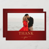 クリムゾンレッド&金ゴールドミニマリスト結婚の写真 サンキューカード (正面/裏面)