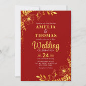 クリムゾンレッド&金ゴールド結婚フローラ 招待状 (正面)