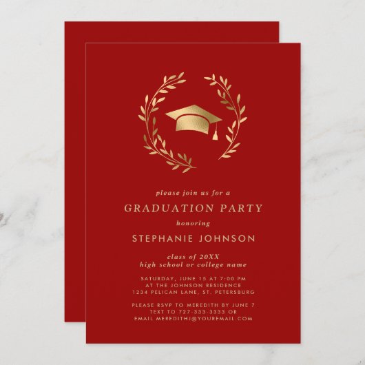 クリムゾン金ゴールドグラッドキャップリースシック卒業パーティー 招待状 (正面/裏面)