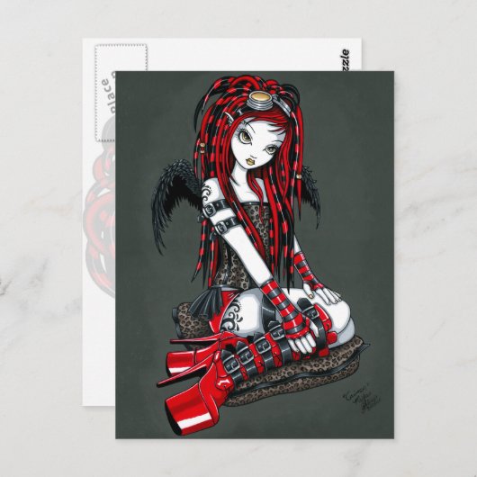 "クリムゾン"レッドタトゥーサイバーゴシックエンジェルハガキ ポストカード (正面/裏面)