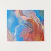 クリムゾン、赤面、ブルーと金ゴールドのマルブルアルコールインク タペストリー (正面(横))