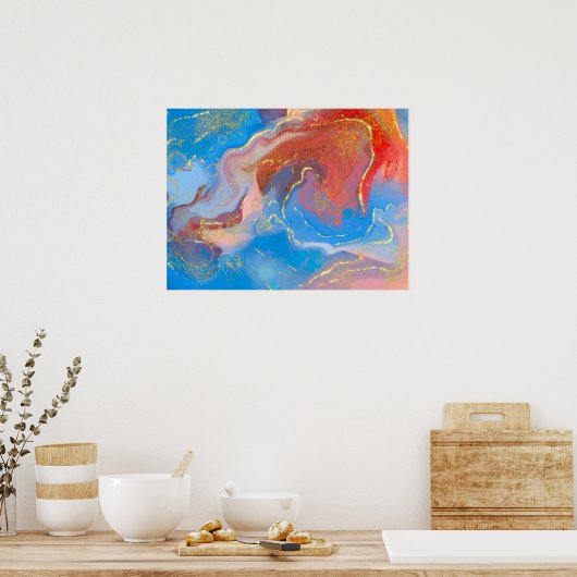 クリムゾン、赤面、ブルーと金ゴールドのマルブルアルコールインク ポスター (キッチン)