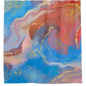 クリムゾン、赤面、青、金ゴールドマーブルアルコールインク シャワーカーテン (正面)