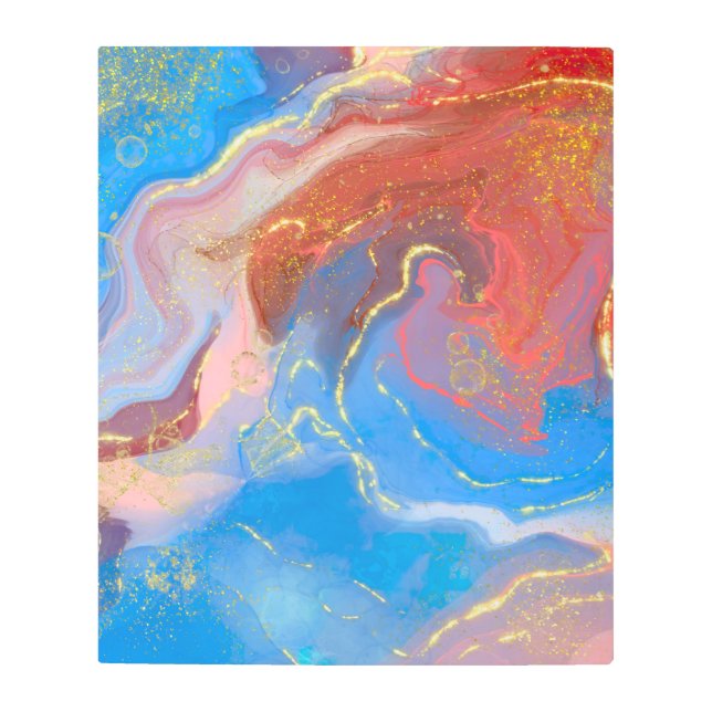 クリムゾン、赤面、青、金ゴールドマーブルアルコールインク メタルプリント (正面)