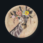 クリムトキリン |花の冠 ペーパープレート<br><div class="desc">このプリントは、花の冠に飾られた甘いキリンを特徴としている | Victoria Borges著イメージID: 128245GG</div>