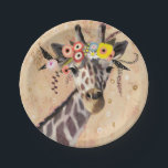 クリムトキリン |花の冠 ペーパープレート<br><div class="desc">このプリントは、花の冠に飾られた甘いキリンを特徴としている | Victoria Borges著イメージID: 128245GG</div>