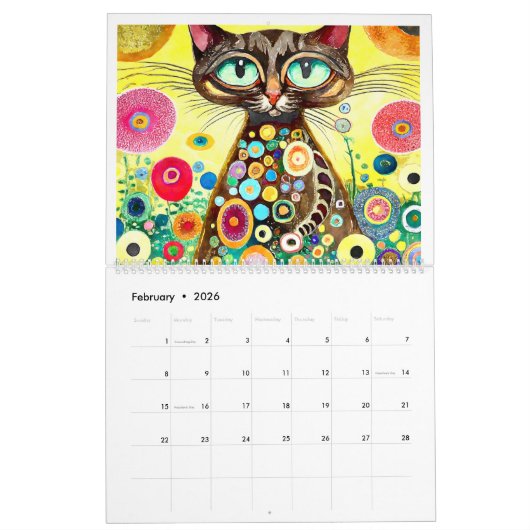 クリムトスタイルかわいいカラフル猫たち新年 カレンダー (2月 2026)