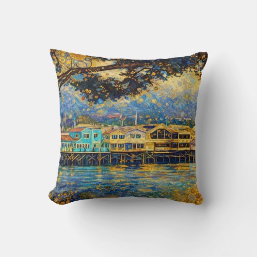 クリムト風ゴールデン・モントレー港の夢 クッション (正面)