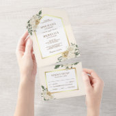 クリーエレガントムおよび金ゴールドアイボリー結婚フローラ オールインワン招待状 (貼ってはがせる)