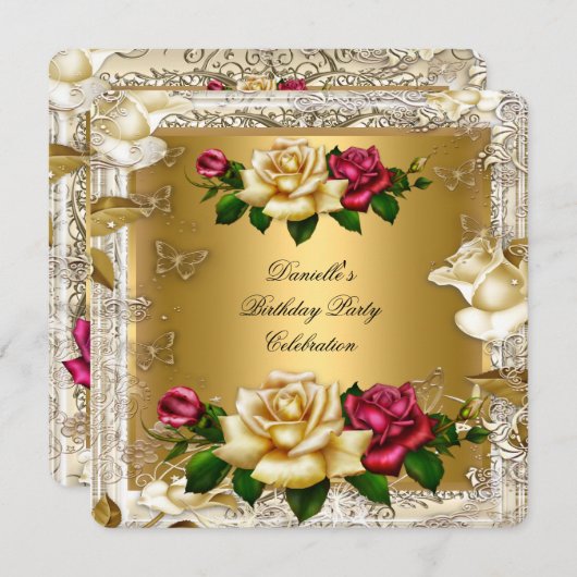 クリーエレガントム金ゴールドピンクレッドローゼバースデーパーティー 招待状 (正面/裏面)