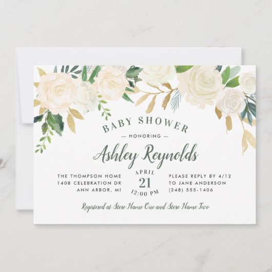 クリーエレガントム金ゴールドフローラ緑化ベビーシャワー 招待状 (正面)