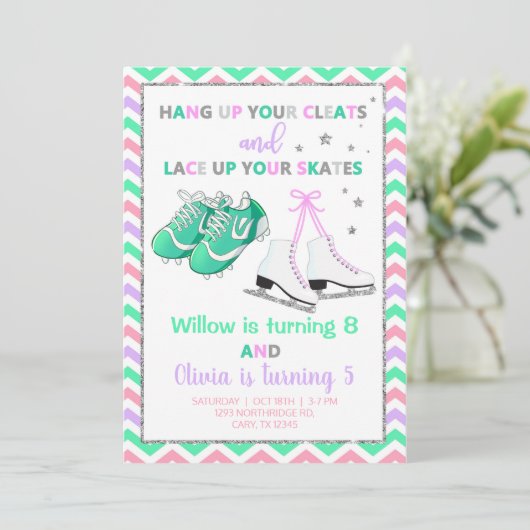 クリートとスケート女の子の兄弟姉妹誕生日招待状。 招待状 (スタンド正面)