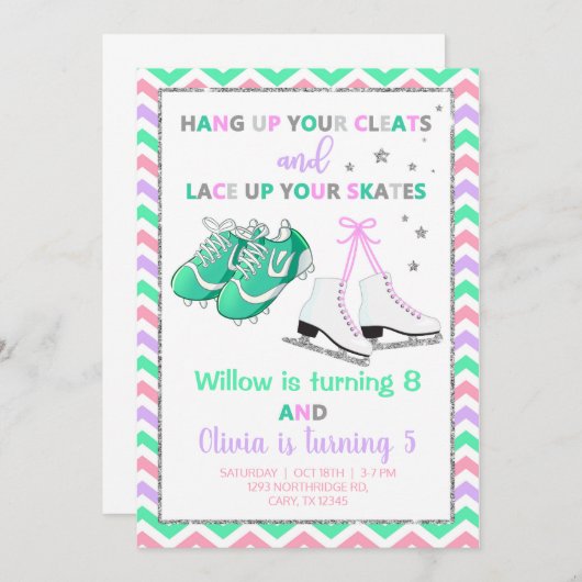 クリートとスケート女の子の兄弟姉妹誕生日招待状。 招待状 (正面/裏面)