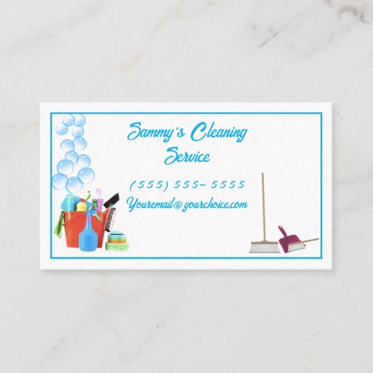 クリーナー、バケツ、ほうきを使用したクリーニングサービス 名刺 (正面)