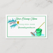 クリーナー、バケツ、ほうきを使用したクリーニングサービス 名刺 (正面)