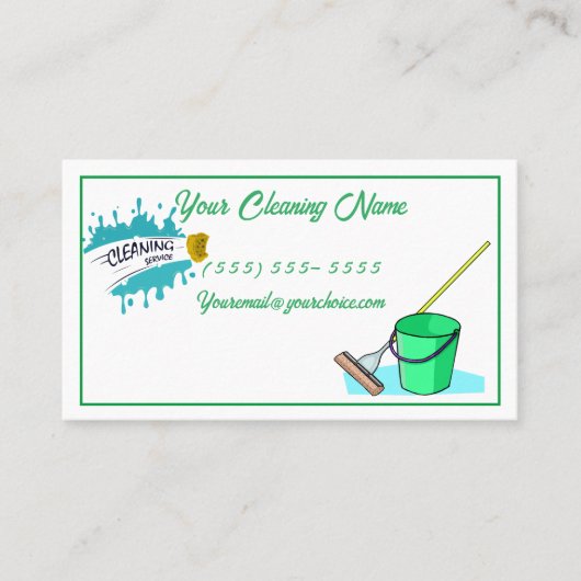 クリーナー、バケツ、ほうきを使用したクリーニングサービス 名刺 (正面)