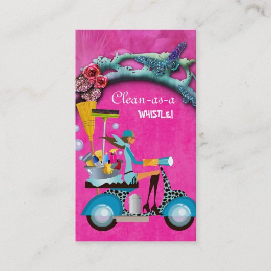 クリーニングの名刺のスクーターの女の子のピンクの庭 名刺 (正面)