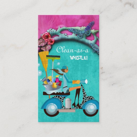 クリーニングの名刺のスクーターの女の子のピンクの青 名刺 (正面)