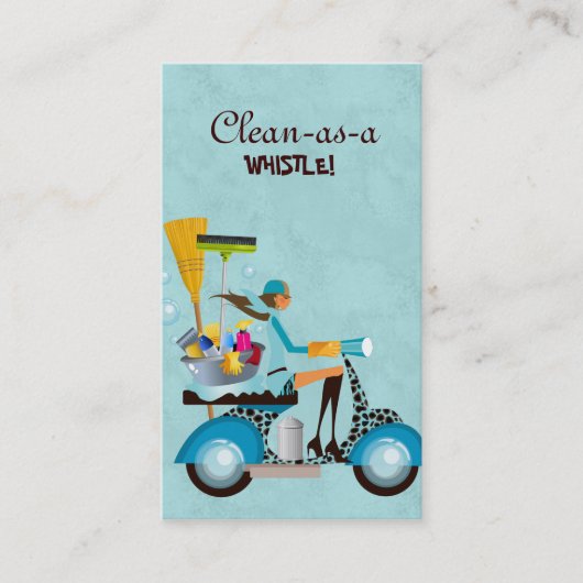 クリーニングの名刺のスクーターの女の子の青 名刺 (正面)