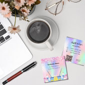 クリーニングサービスのピンクホログラフィックダストQRコード スクエア名刺