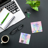 クリーニングサービスのピンクホログラフィックダストQRコード スクエア名刺