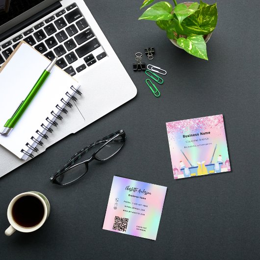 クリーニングサービスのピンクホログラフィックダストQRコード スクエア名刺
