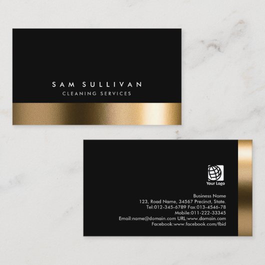 クリーニングサービスはっきりしたの黒いエレガント金ゴールド 名刺 (正面/裏面)
