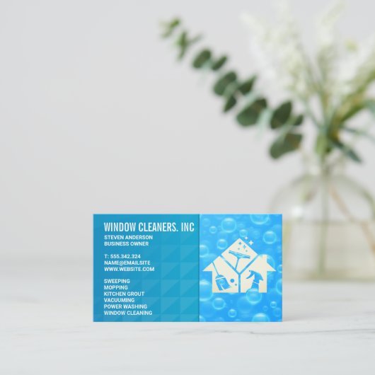 クリーニングサービスアイコン | 青いシャボン玉 名刺 (スタンド正面)
