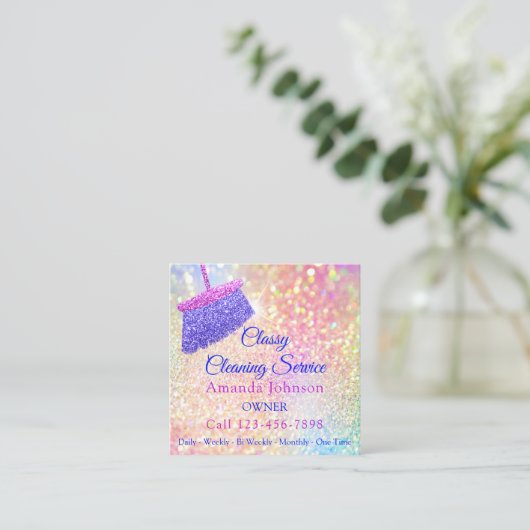 クリーニングサービスハウスキーパーピンクローズグリッター スクエア名刺 (スタンド正面)