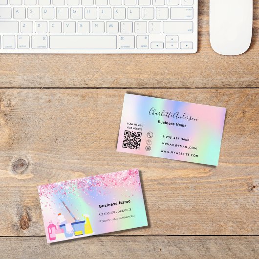 クリーニングサービスピンクホログラフィックQRコード 名刺