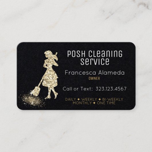 クリーニングサービスブラックおよび金属金ゴールドテンプレート 名刺 (正面)