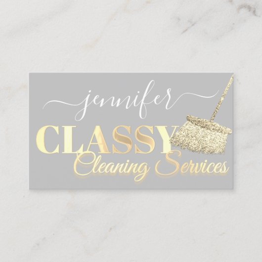 クリーニングサービスメイドグレーホワイト金ゴールド 名刺 (正面)