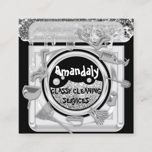 クリーニングサービスロゴQRコードランディロゴシルバー スクエア名刺 (正面)