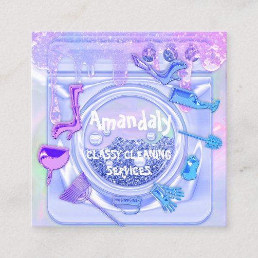 クリーニングサービスロゴQRCodeランディロゴドリップブルー スクエア名刺 (正面)