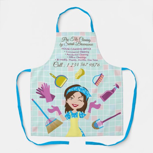クリーニングサービス洗浄タイル漫画ロゴ エプロン (正面)