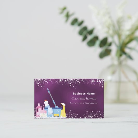クリーニングサービス紫の銀グリッターダストQR 名刺 (スタンド正面)