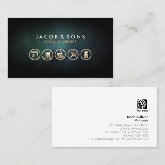 クリーニングサービス金ゴールドアイコンターコイズグランジBusin 名刺 (正面/裏面)
