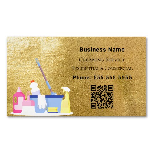 クリーニングサービス金ゴールドQRコード マグネット名刺 (正面)