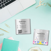 クリーニングサービス銀グリッターダストQRコード スクエア名刺