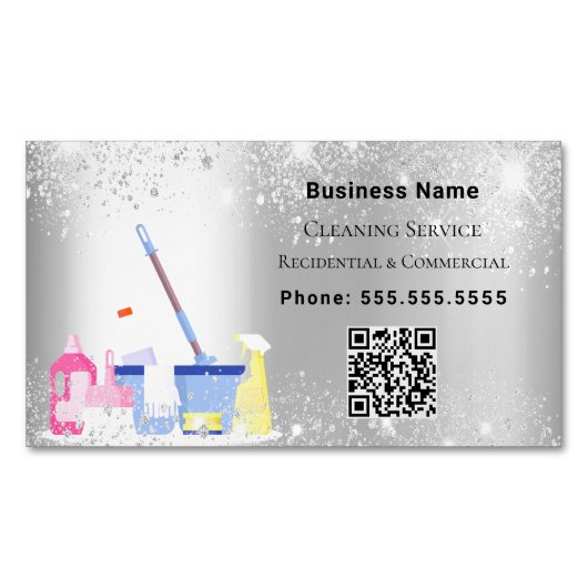クリーニングサービス銀グリッターダストQRコード マグネット名刺 (正面)