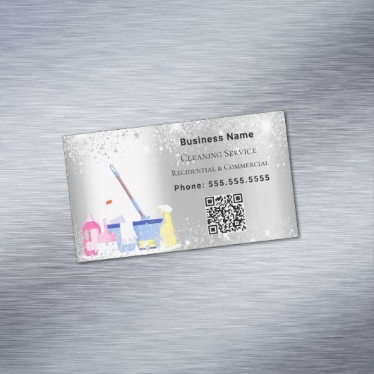 クリーニングサービス銀グリッターダストQRコード マグネット名刺 (インサイチュ)