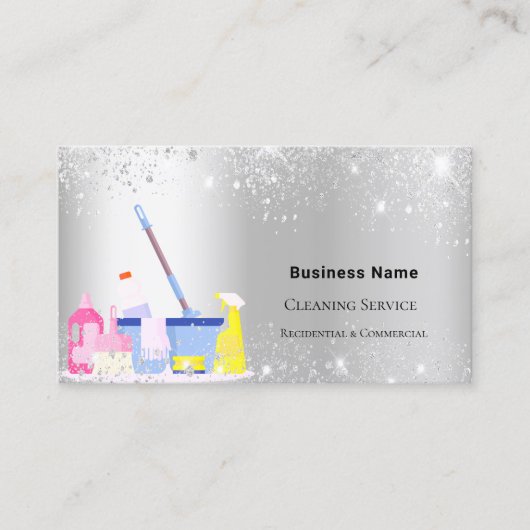 クリーニングサービス銀グリッターダストQRコード 名刺 (正面)