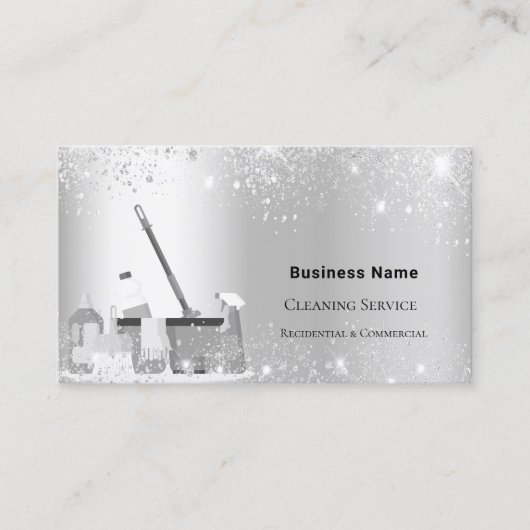 クリーニングサービス銀グリッターダストQRコード 名刺 (正面)